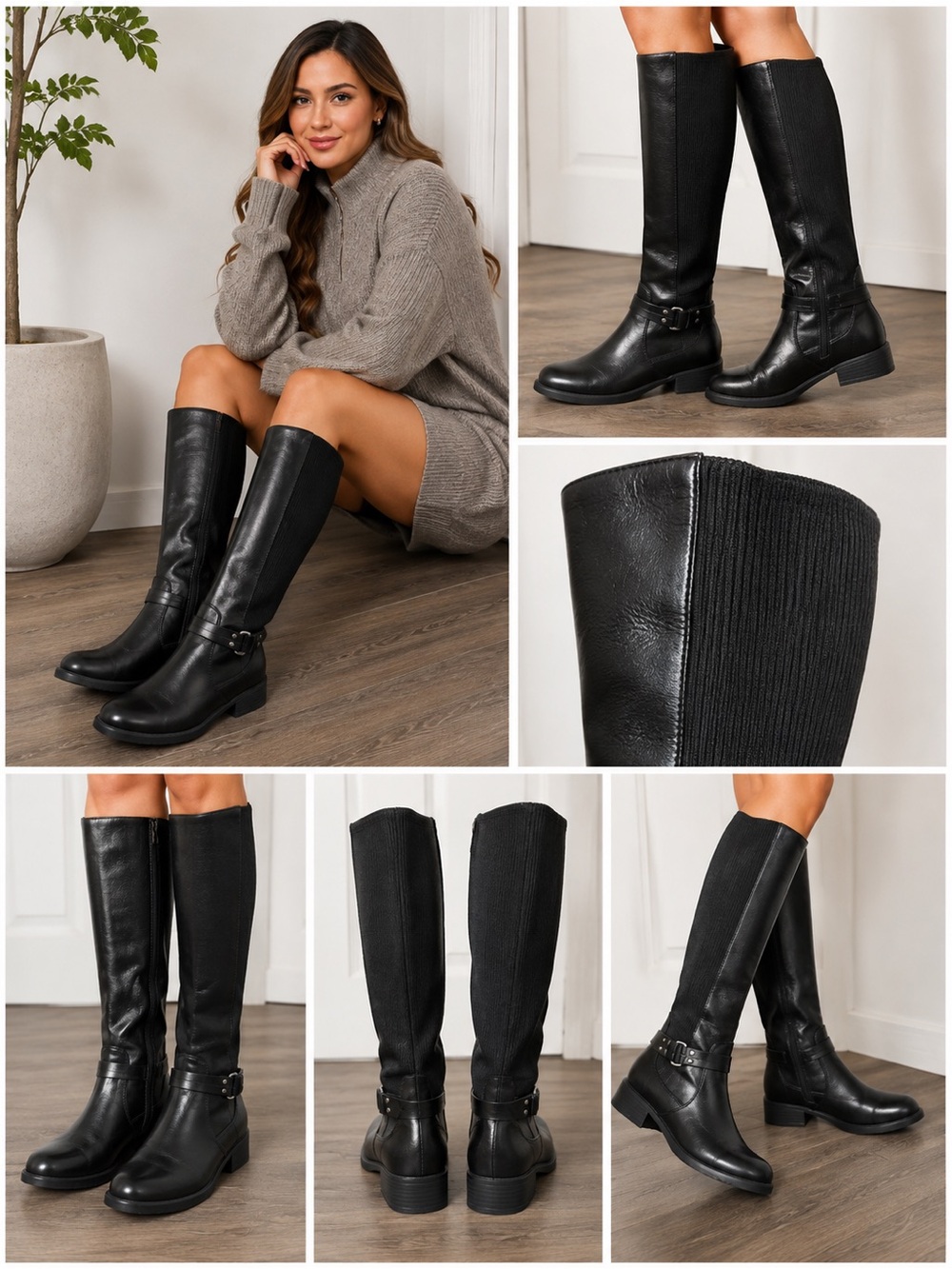 LifeStride Black Knee High Riding Boots 6.5 Stretch Calf Harness Equestrian